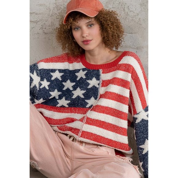 POL Red Blue Soft Stars Stripe Pattern Fleece Relaxed Fit Pullover Sweater - Picture 5 of 9